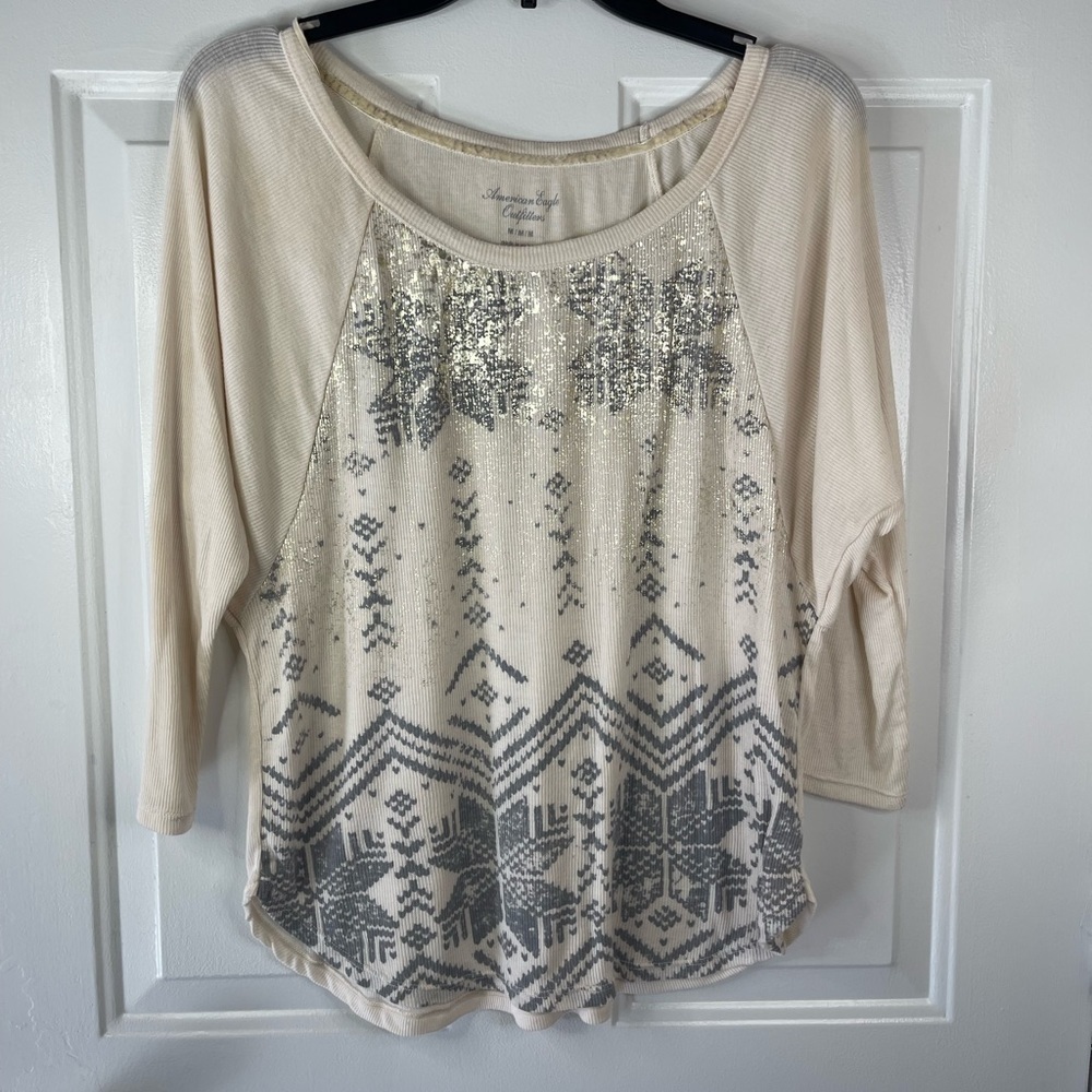 American eagle long sleeve waffle knit in cream‎ and gray.